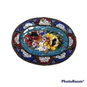 Vintage Micro mosaic oval multicolored glass Italian floral Brooch Pin